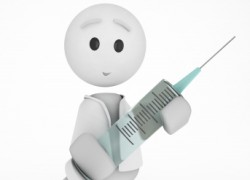 a cute 3d doctor with a syringe (3d isolated happyman series)
